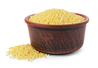 Millet groats in bowl isolated on white