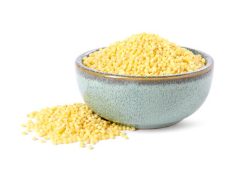 Millet groats in bowl isolated on white