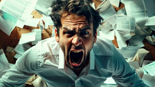 Angry furious Stressed Businessman Shouting in Office at Work&ndash; Workload and Job Depression Concept
