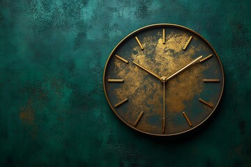 A modern clock with gold accents on a teal textured wall