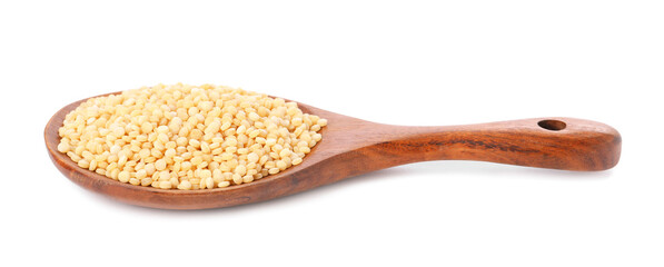 Raw couscous in wooden spoon isolated on white