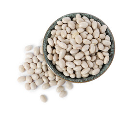 Dried beans in bowl isolated on white, top view
