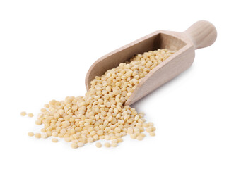 Raw couscous in wooden scoop isolated on white