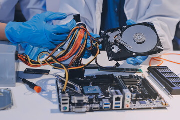 Obraz premium Electronics technician, electronic engineering electronic repair, electronics measuring and testing, repair and maintenance concepts.