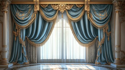 Luxurious, silk curtains with golden trim create an elegant and sophisticated look in a richly decorated room, set against a realistic background