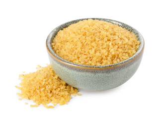 Raw bulgur in bowl isolated on white