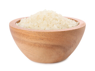 Raw rice in wooden bowl isolated on white