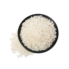 Raw rice in bowl isolated on white, top view