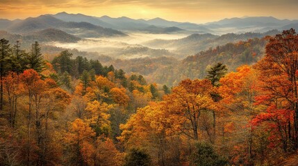 A serene landscape featuring autumn foliage and misty mountains at sunrise.