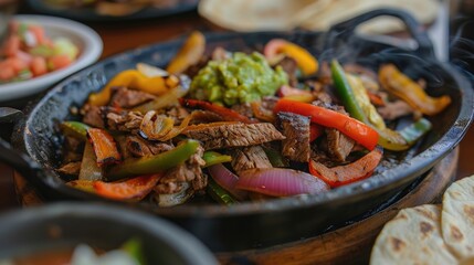 Sizzling steak fajitas with grilled bell peppers and onions, served with warm tortillas, guacamole, and pico de gallo