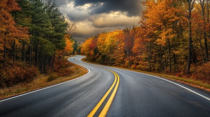 Fototapeta premium A winding road through vibrant autumn foliage under a dramatic sky.