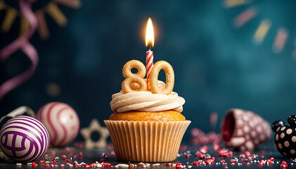 Birthday cupcake with burning lit candle with number 80. Number eighty for eighty years or eightieth anniversary.