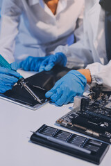 Electronics technician, electronic engineering electronic repair, electronics measuring and testing, repair and maintenance concepts.