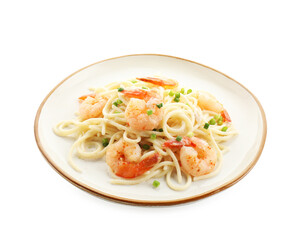 Delicious pasta with shrimps and green onions isolated on white