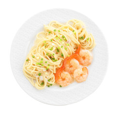 Delicious pasta with shrimps and green onions isolated on white, top view