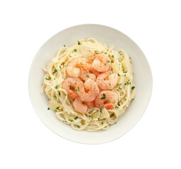 Delicious pasta with shrimps and cheese isolated on white, top view