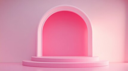 abstract pink background with an empty stage podium and an arched portal door for product presentation, a minimalist design