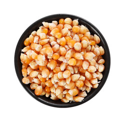 Fresh corn kernels in bowl isolated on white, top view