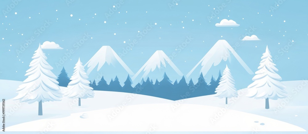 Poster a winter background with snow-capped mountains and trees, in a simple, flat vector style.