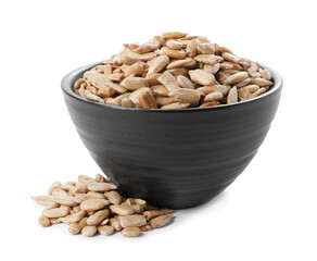 Peeled sunflower seeds in bowl isolated on white