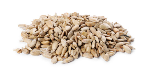 Pile of peeled sunflower seeds isolated on white