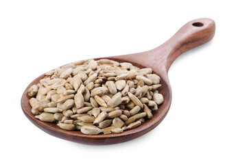 Peeled sunflower seeds in wooden spoon isolated on white