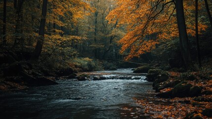 A serene river flows through a vibrant autumn forest, showcasing colorful foliage and tranquility.