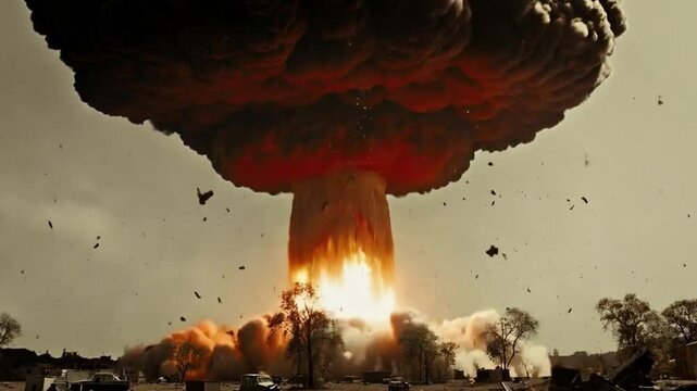 atomic bomb explosion. Nuclear fire mushroom cloud in world war. Apocalypse, armageddon. Atomic energy, nuclear catastrophe
