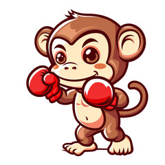 Fototapeta premium A cute cartoon monkey wearing red boxing gloves, smiling and ready to fight.