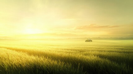 Obraz premium A serene landscape featuring a tractor in a golden field during sunrise.