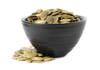 Peeled pumpkin seeds in bowl isolated on white