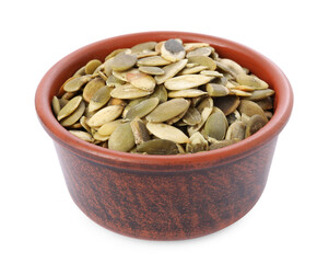Peeled pumpkin seeds in bowl isolated on white