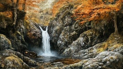 Obraz premium A serene waterfall surrounded by autumn foliage and rocky terrain.