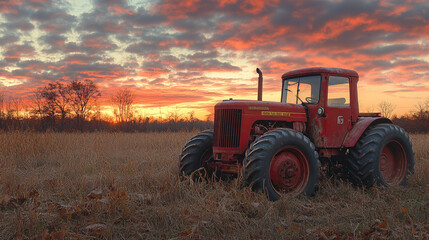Real tractor in a field against the backdrop of sunset