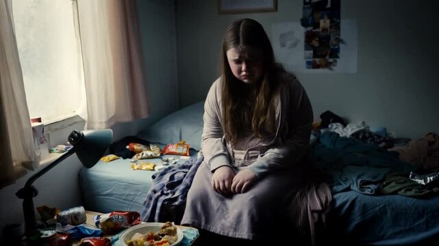 A plump and obese teenage girl sits and is sad in her room because of her unhealthy lifestyle and bad figure