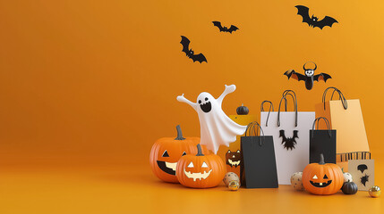 This promotional banner showcases various Halloween elements, including playful pumpkins, a cheerful ghost, and bats, all set against a vibrant orange background