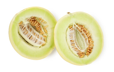 Cut fresh ripe honeydew melon isolated on white, top view