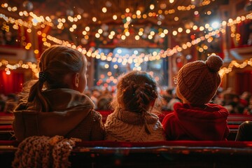 Fototapeta premium Three children sit together, captivated by a lively performance, surrounded by warm twinkling lights and an excited audience in a cozy theater atmosphere