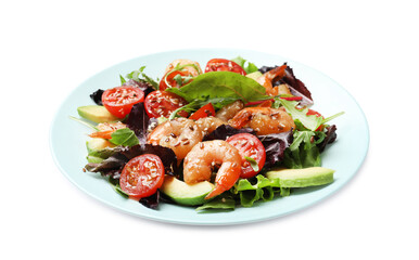 Delicious shrimp salad with vegetables isolated on white