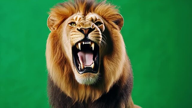 Majestic lion with a flowing mane is captured roaring fiercely against a vibrant green screen, providing a captivating visual for a variety of creative projects