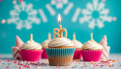 Birthday cupcake with burning lit candle with number 80. Number eighty for eighty years or eightieth anniversary.