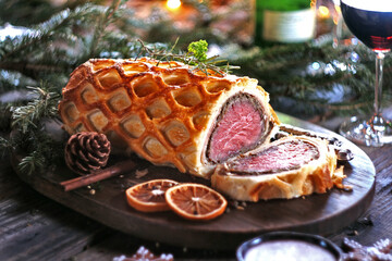Beef Wellington - a fillet of beef tenderloin steak wrapped in puff pastry. Selective focus
