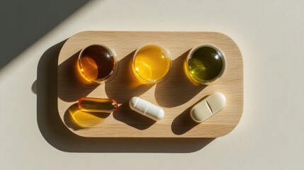 Vitamin tablets and capsules are arranged in glass bowls on a wooden board against a beige backdrop, highlighting a colorful variety for promoting healthy dietary choices