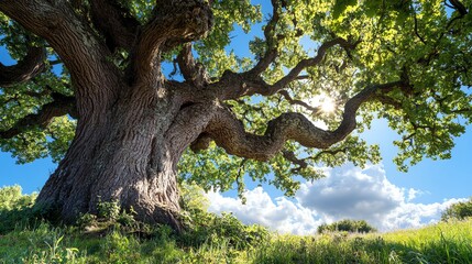 Majestic, ancient oak tree bathed in sunlight with sprawling branches against a blue sky and green meadow, symbolizing nature's beauty and strength.