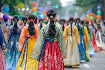 Fototapeta premium Groups of individuals are walking together, showcasing a variety of traditional garments with colorful decorations in a lively street festival, surrounded by festive lanterns and greenery