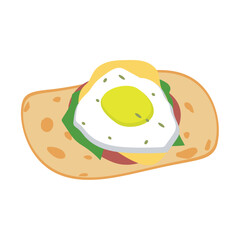 Vector illustration of a delicious sandwich filled with tender meat, fresh vegetables and tomato sauce. Soft and golden colored bread, Food illustration for menus, food blogs or advertisements