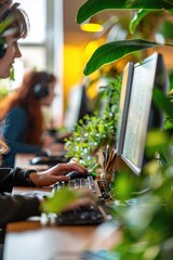 A woman sits at a desk in front of a computer, possibly working or studying