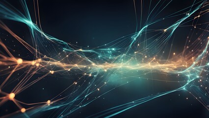 Abstract digital network with glowing lines and dots.