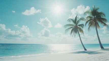 Serene beach scene with palm trees under a bright sun and clear blue sky.