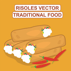 Vector art of traditional Indonesian snack Croquette, golden brown, filled with vegetables, chicken, served with chili sauce. for food blogs, culinary sites, or promotion of Indonesian culture